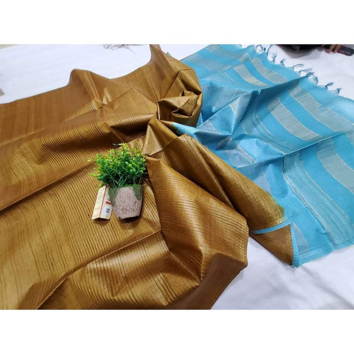 Eri Tussar Striped Brown Body Saree with Blue Pallu Blouse-Indiehaat