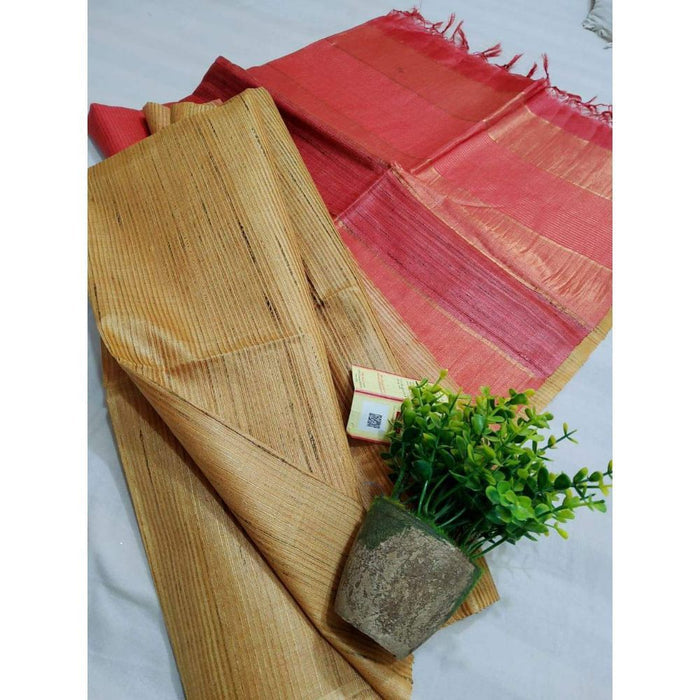 Eri Tussar Striped Mustard Brown Body Saree with Red Pallu Blouse-Indiehaat