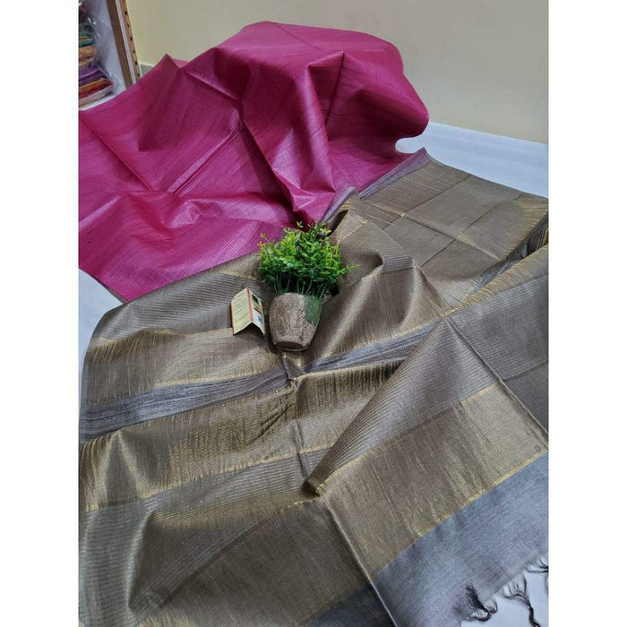 Eri Tussar Striped Pink Body Saree with Gray Pallu Blouse-Indiehaat