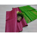 Eri Tussar Striped Pink Body Saree with Green Pallu Blouse-Indiehaat