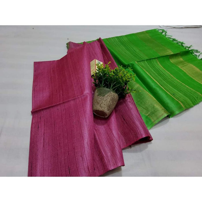 Eri Tussar Striped Pink Body Saree with Green Pallu Blouse-Indiehaat
