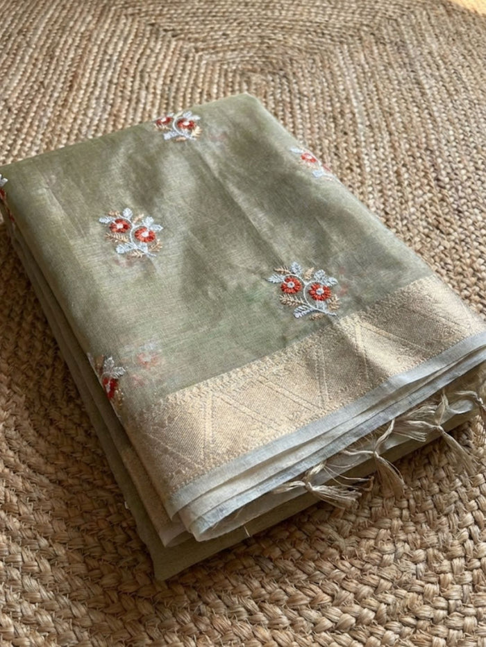 Indiehaat | Kota Doria Semi Silk Embroidery Saree Bronze