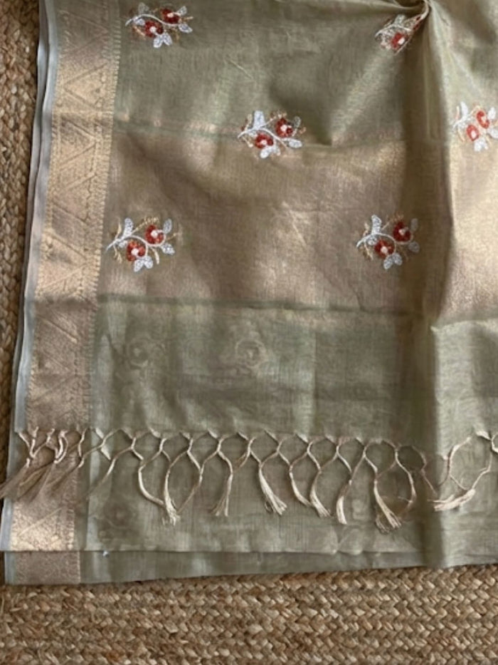 Indiehaat | Kota Doria Semi Silk Embroidery Saree Bronze