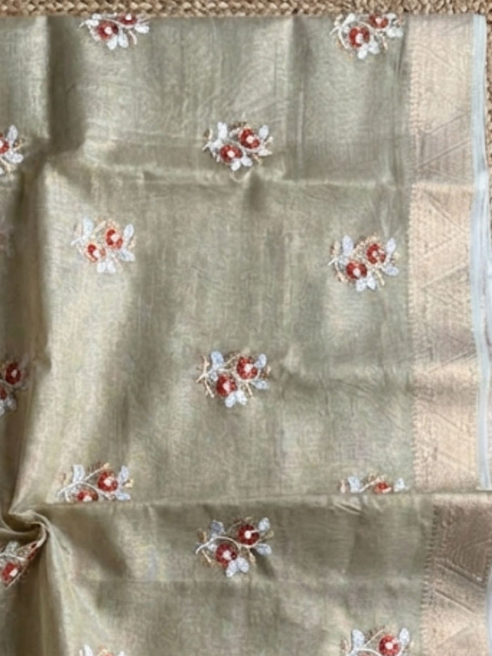 Indiehaat | Kota Doria Semi Silk Embroidery Saree Bronze