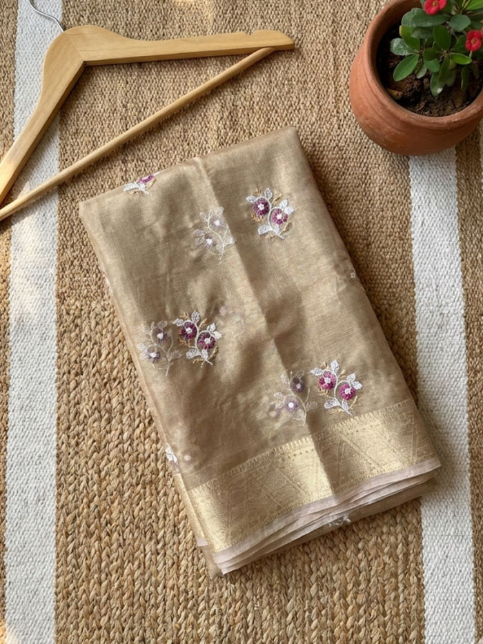 Indiehaat | Kota Doria Semi Silk Embroidery Saree Gold