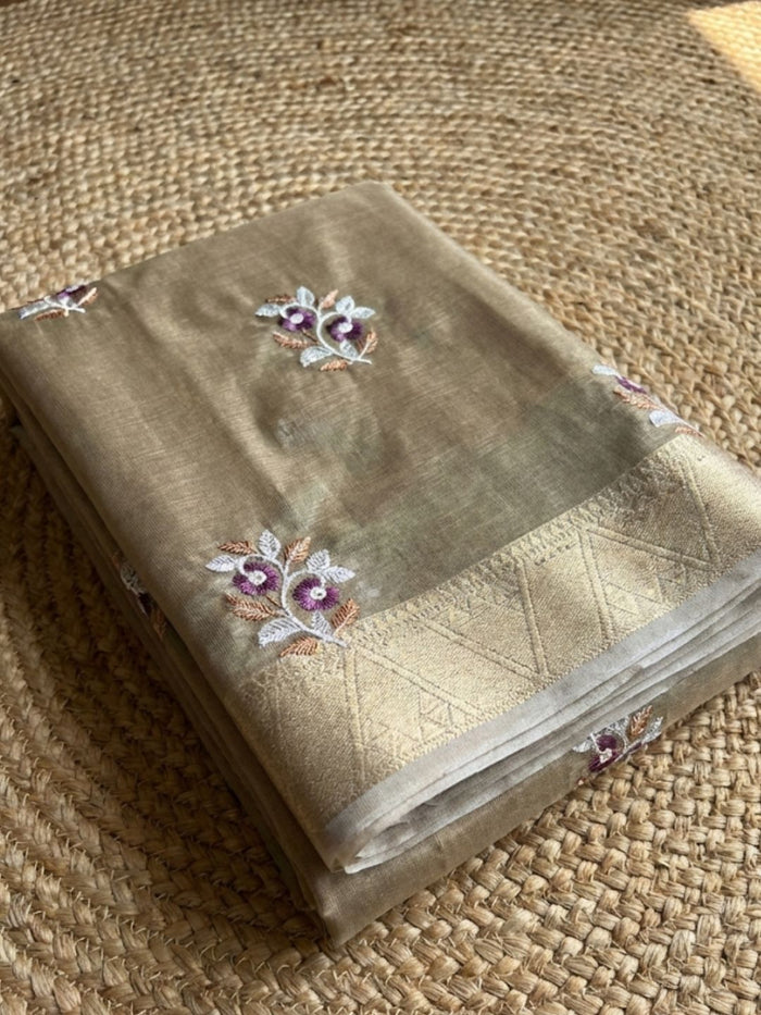 Indiehaat | Kota Doria Semi Silk Embroidery Saree Gold