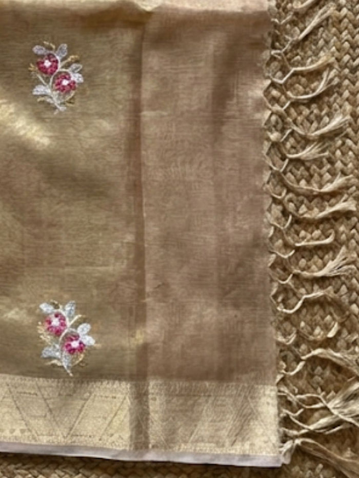 Indiehaat | Kota Doria Semi Silk Embroidery Saree Gold