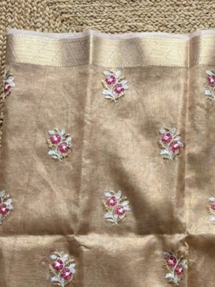 Indiehaat | Kota Doria Semi Silk Embroidery Saree Gold