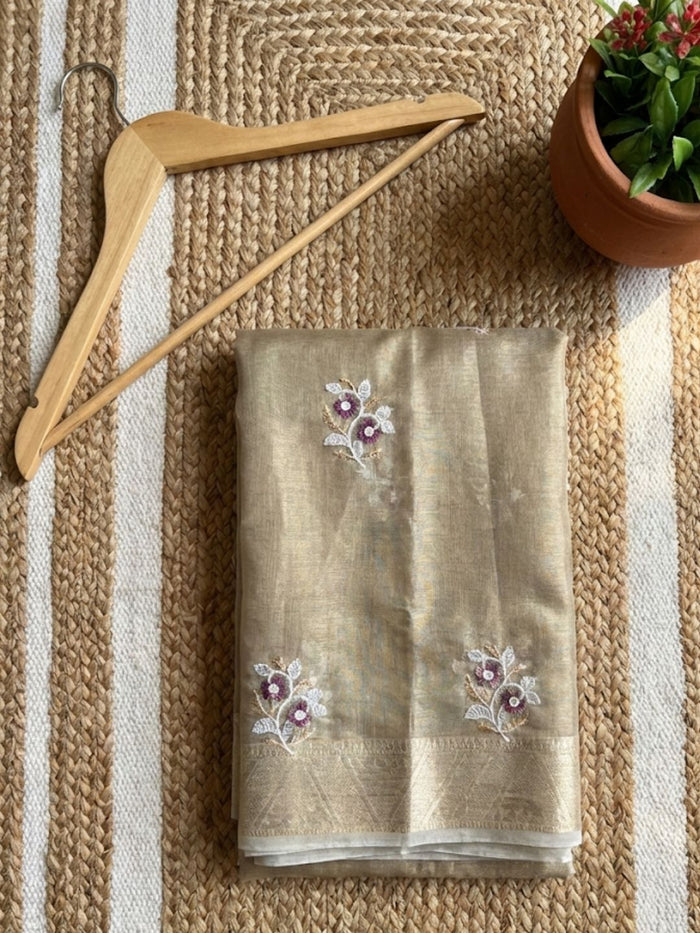 Indiehaat | Kota Doria Semi Silk Embroidery Saree Bronze