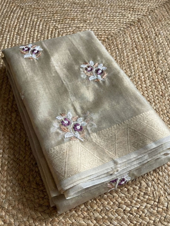 Indiehaat | Kota Doria Semi Silk Embroidery Saree Bronze