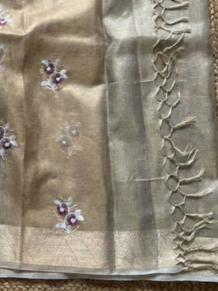 Indiehaat | Kota Doria Semi Silk Embroidery Saree Bronze