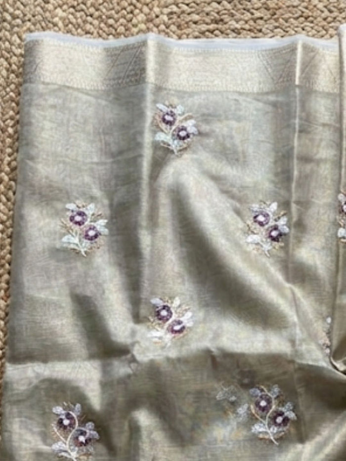 Indiehaat | Kota Doria Semi Silk Embroidery Saree Bronze