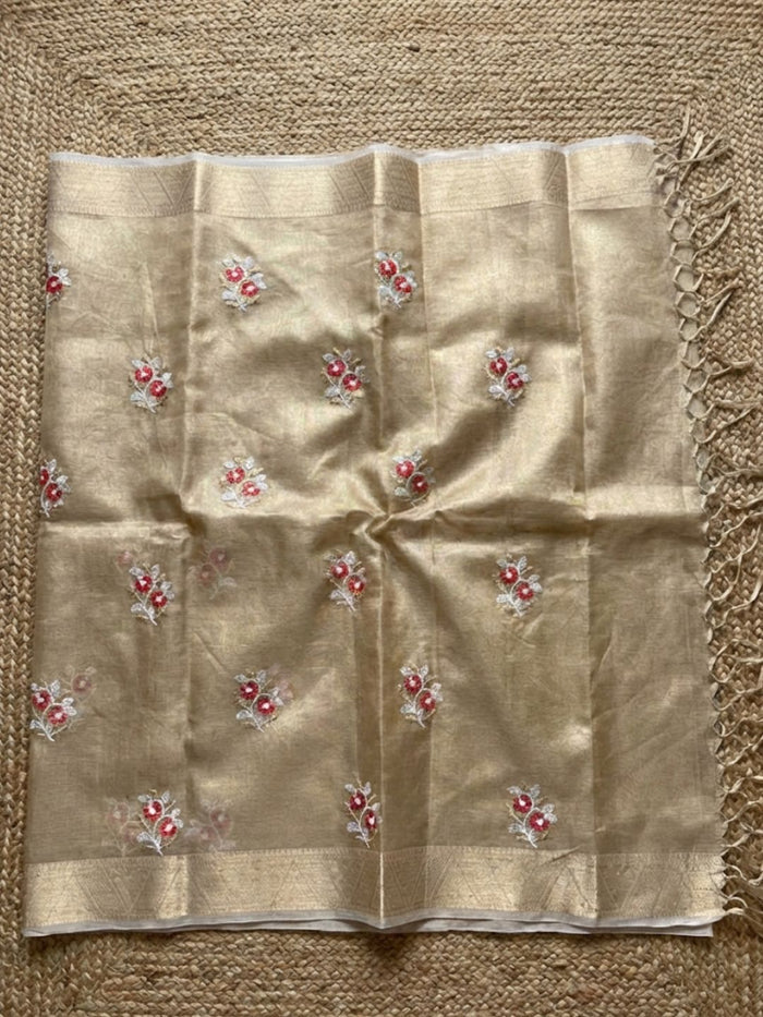 Indiehaat | Kota Doria Semi Silk Embroidery Saree Gold