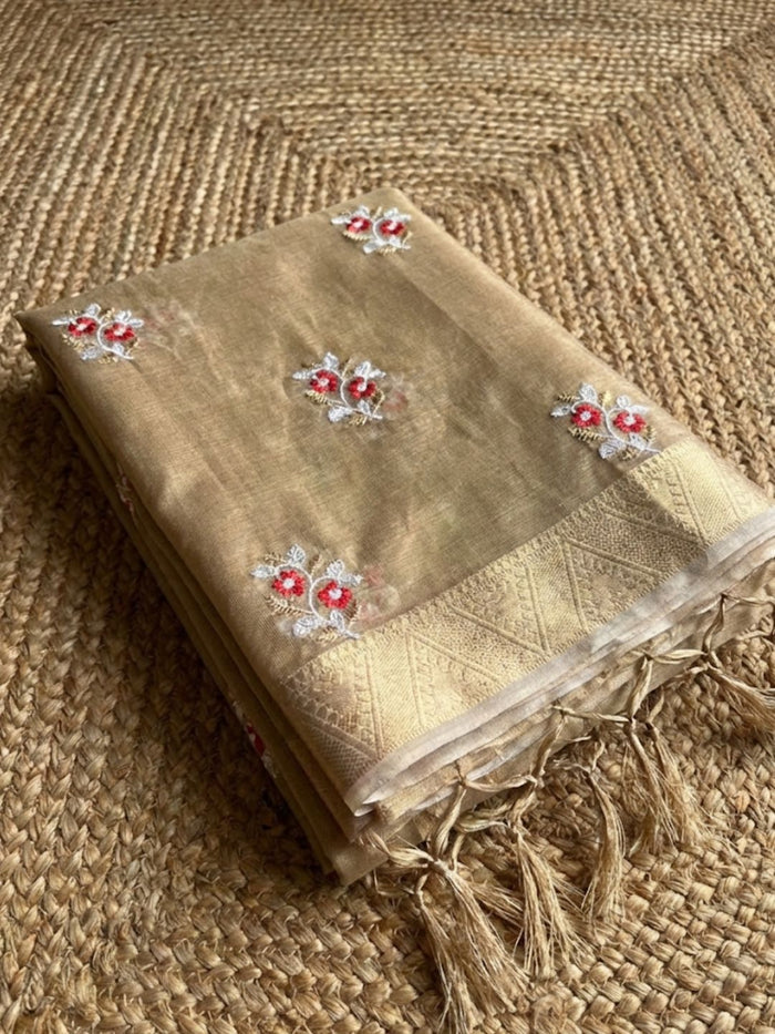 Indiehaat | Kota Doria Semi Silk Embroidery Saree Gold