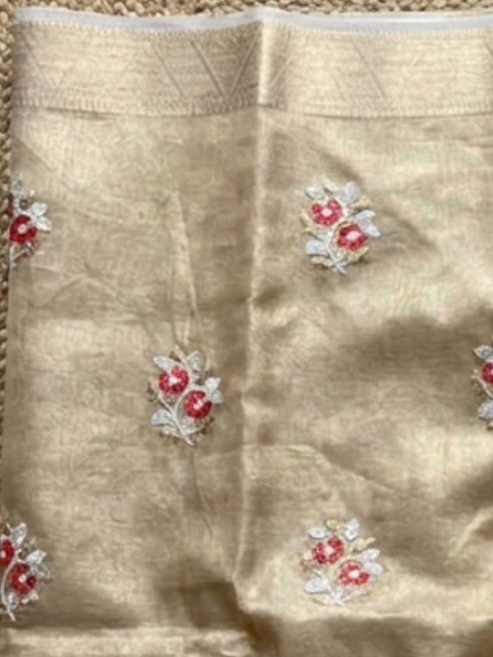 Indiehaat | Kota Doria Semi Silk Embroidery Saree Gold