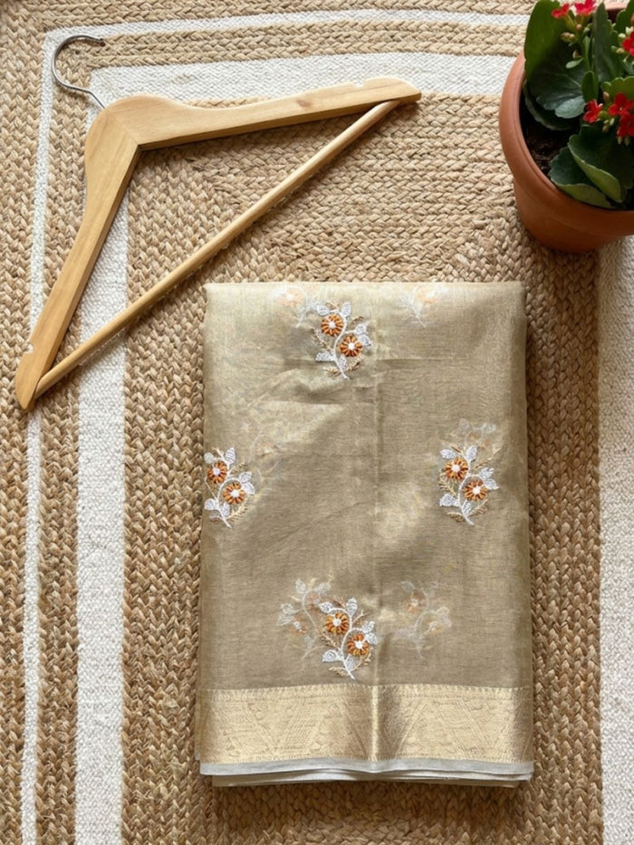 Indiehaat | Kota Doria Semi Silk Embroidery Saree Gold
