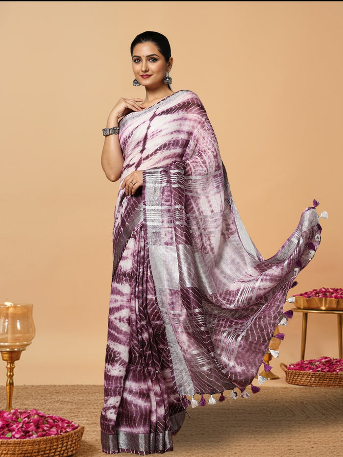 Expressive Linen Shibori Hand Dyed Saree Purple