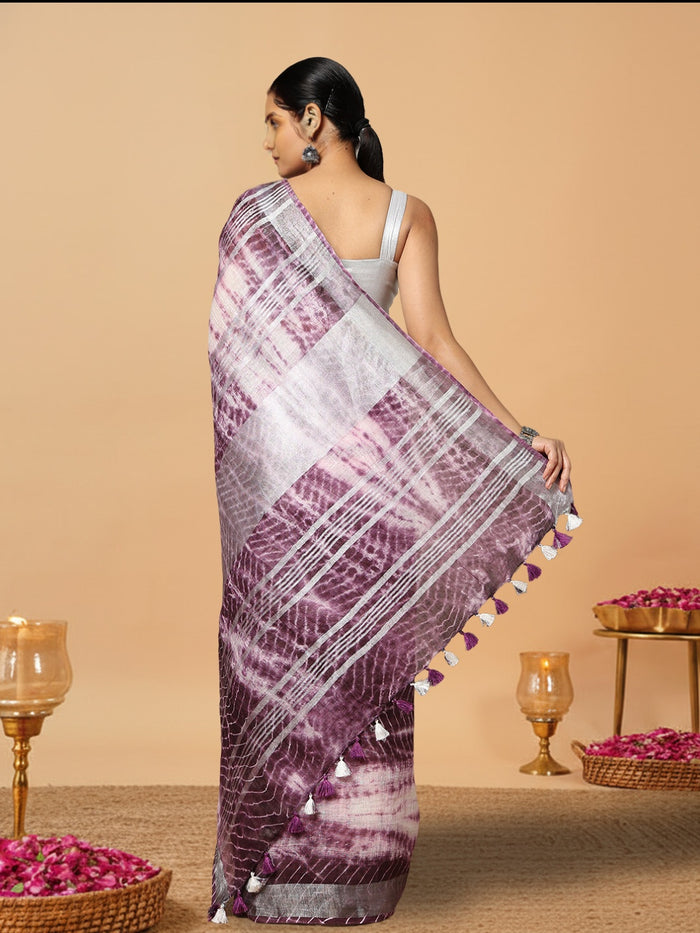 Expressive Linen Shibori Hand Dyed Saree Purple