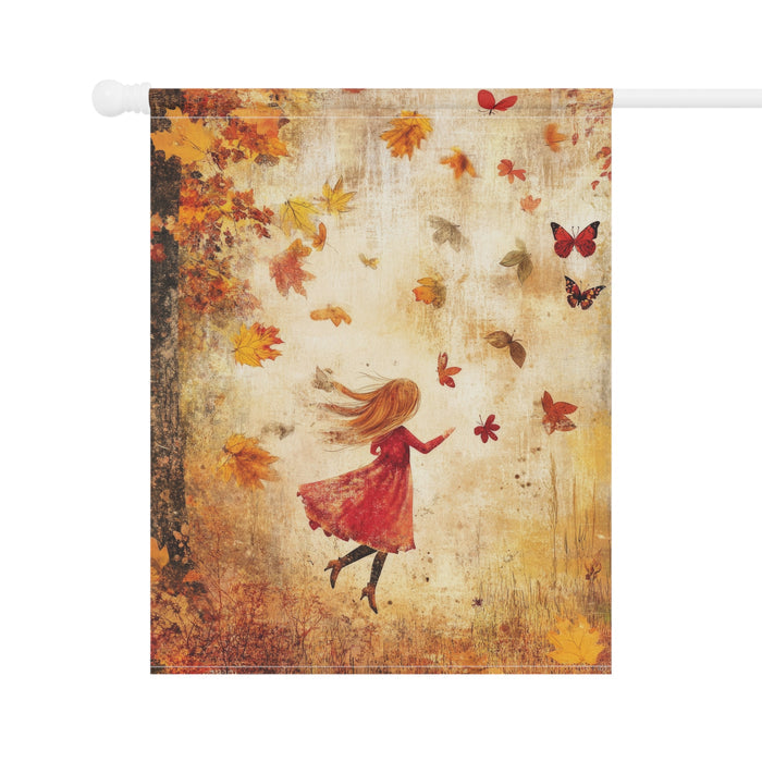 Decorative flag with a girl in a red dress and autumn leaves design on a white background