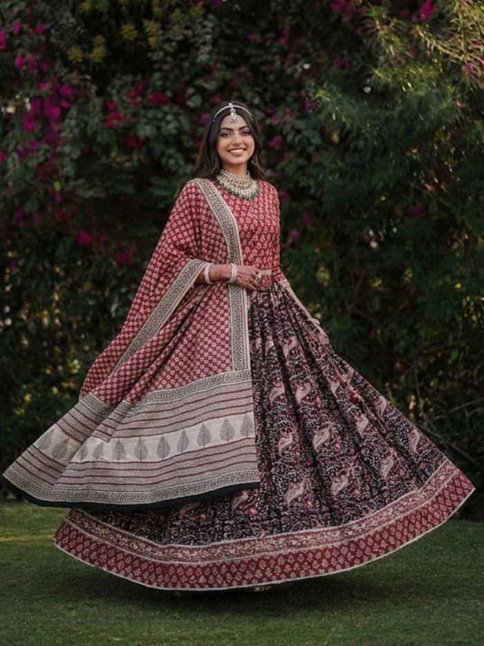 Indiehaat | BlockPrinted Black & Red Lehanga Choli Set