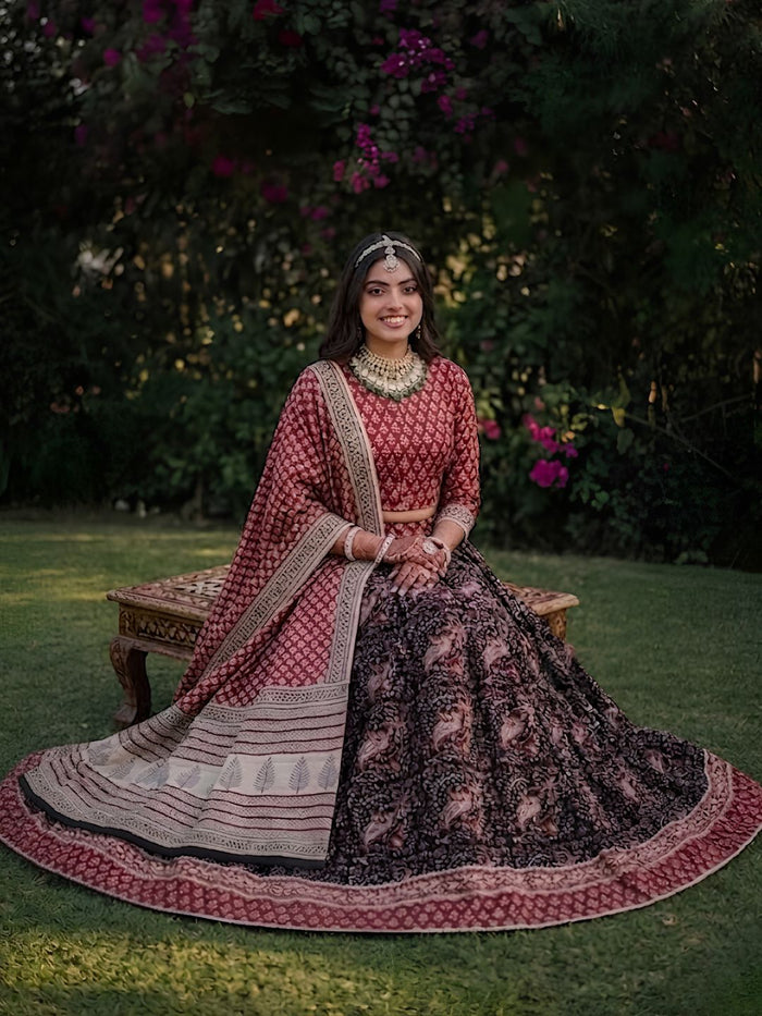 Indiehaat | BlockPrinted Black & Red Lehanga Choli Set