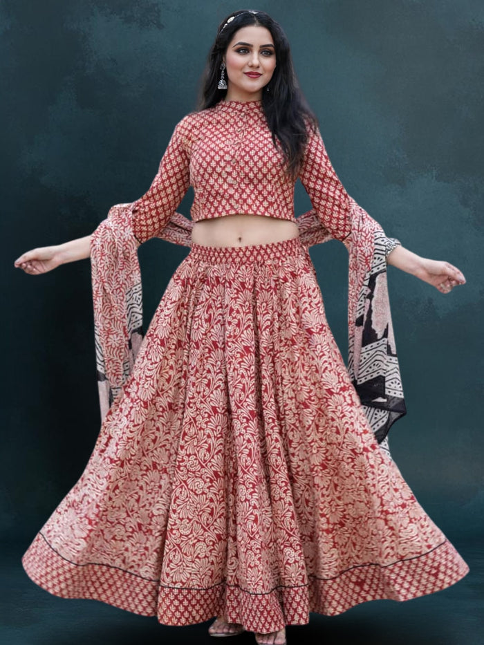Indiehaat | Blockprinted Cotton Lehanga Choli Red
