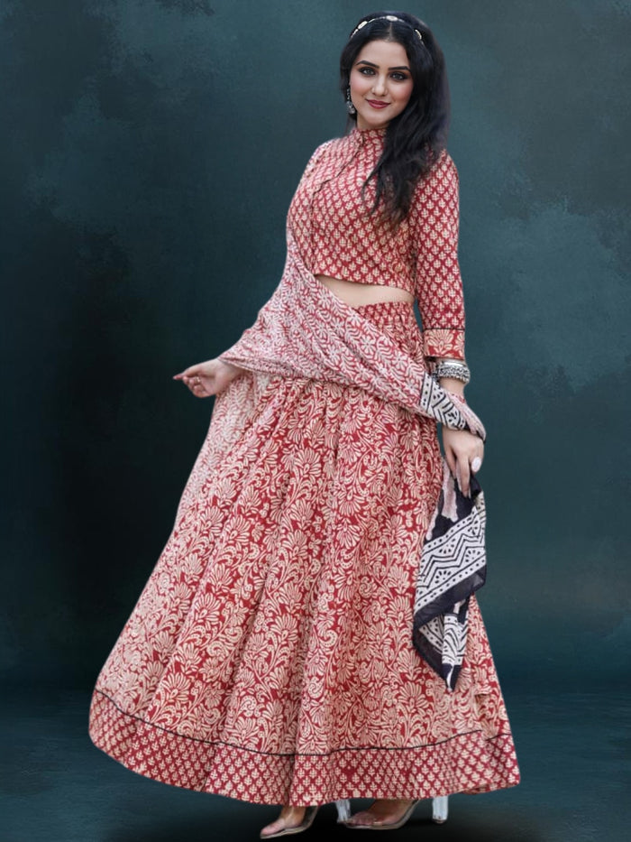 Indiehaat | Blockprinted Cotton Lehanga Choli Red