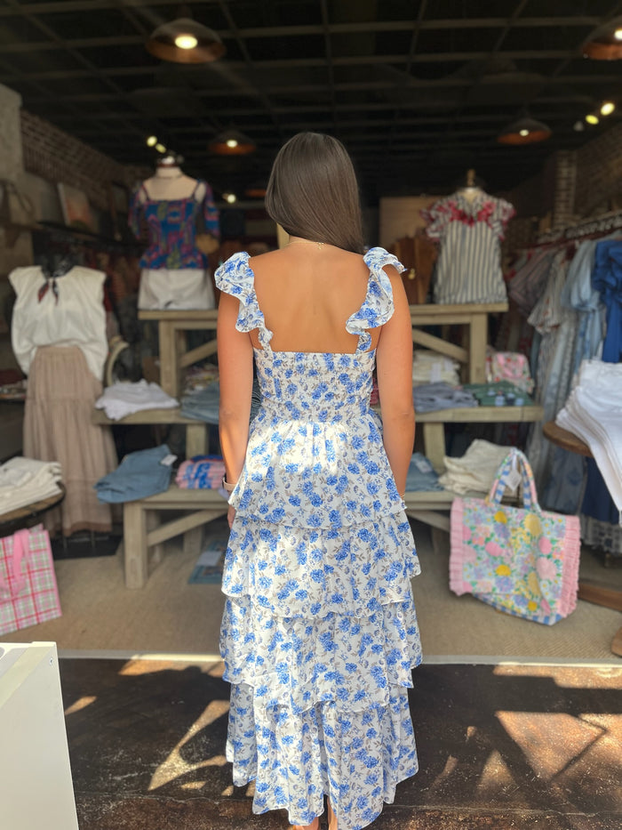 FINAL SALE - Covina Tiered Midi Dress Patty Floral Blue & White