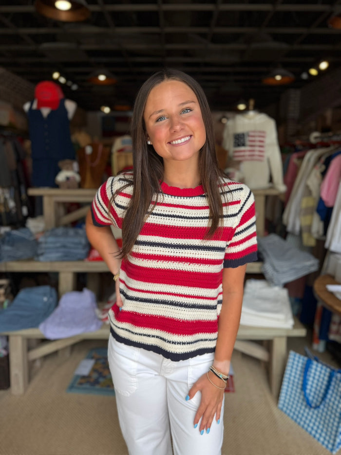 FINAL SALE - Striped Short Sleeve Crochet Knit Top Multi