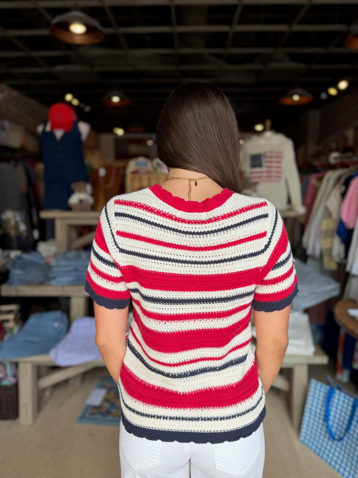 FINAL SALE - Striped Short Sleeve Crochet Knit Top Multi