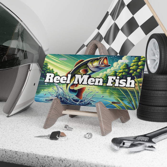 Fishing Custom Front License Plates for Cars and Trucks  Reel Men Fish on display case on shelf