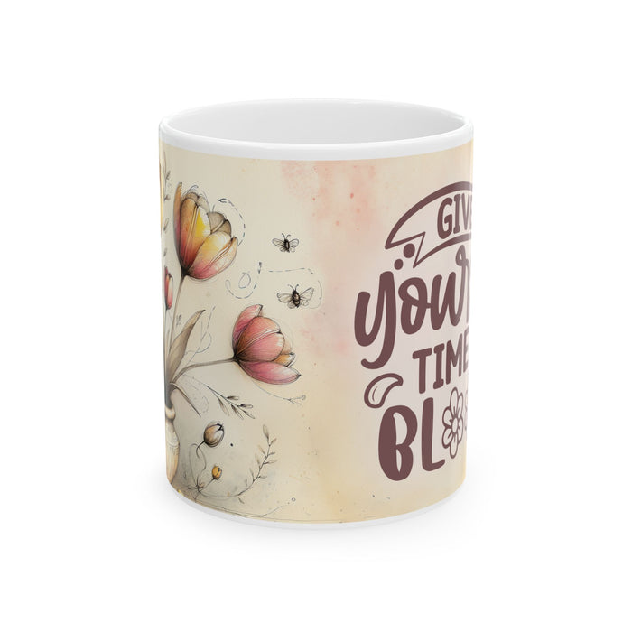 Floral Inspirational Mug – Give Yourself Time to Bloom Coffee Cup Gift for Women
