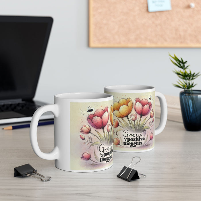 Floral Inspirational Mug – Grow Positive Thoughts Coffee Cup Gift for Women