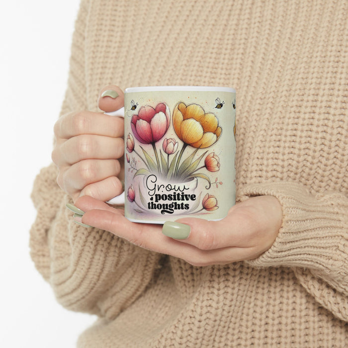 Floral Inspirational Mug – Grow Positive Thoughts Coffee Cup Gift for Women