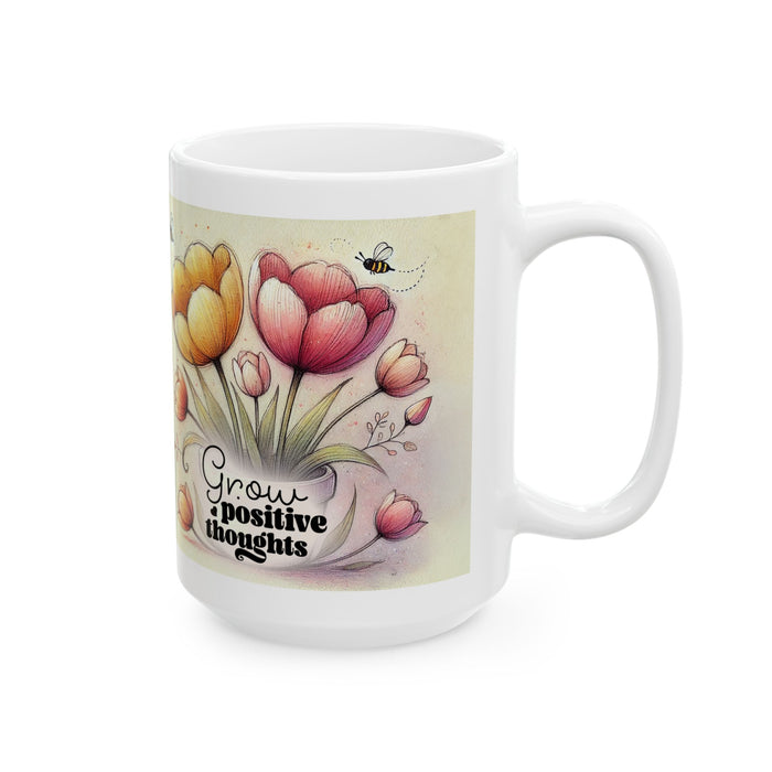 Floral Inspirational Mug – Grow Positive Thoughts Coffee Cup Gift for Women