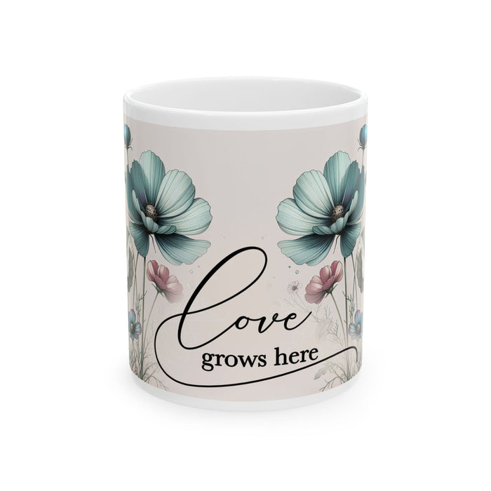 Floral Inspirational Mug – Love Grows Here Coffee Cup Positive Gift for Women