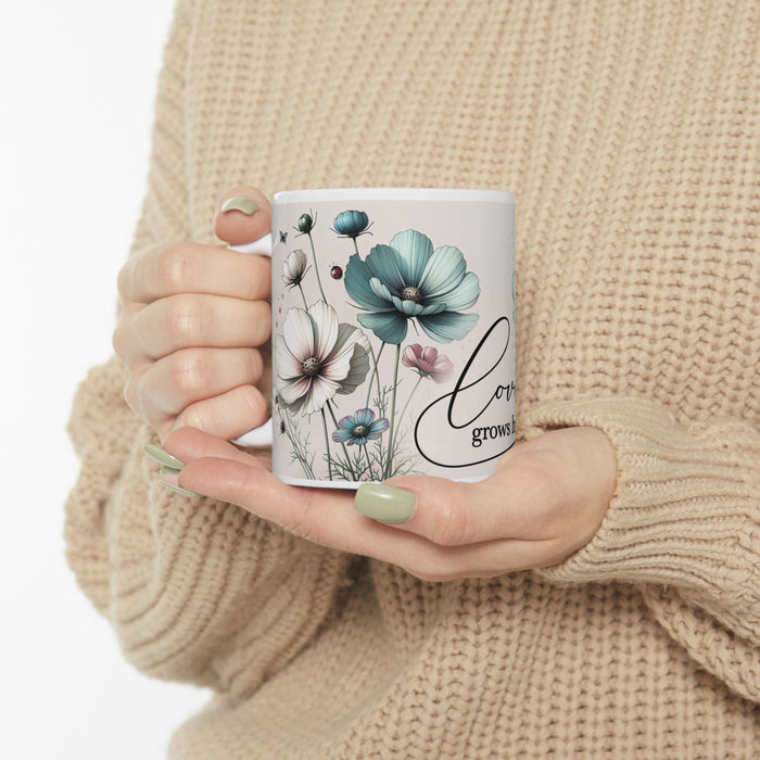 Floral Inspirational Mug – Love Grows Here Coffee Cup Positive Gift for Women