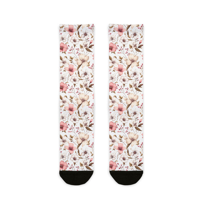 Floral patterned socks on a white background