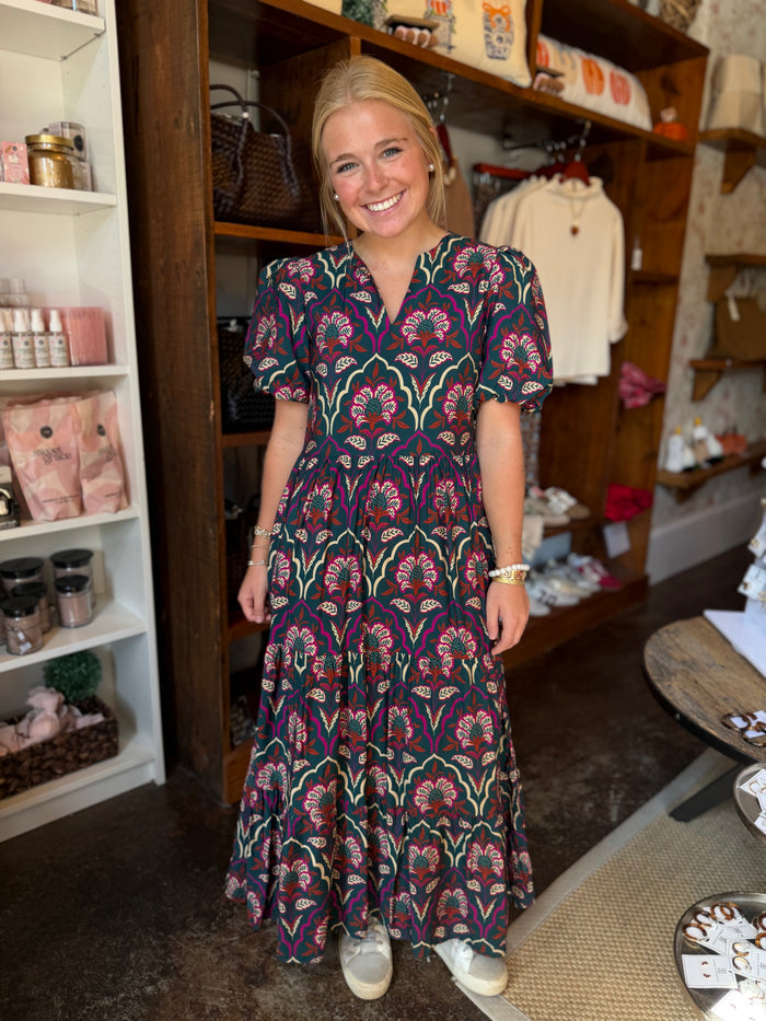 Floral Print Split Neckline Tiered Midi Dress
