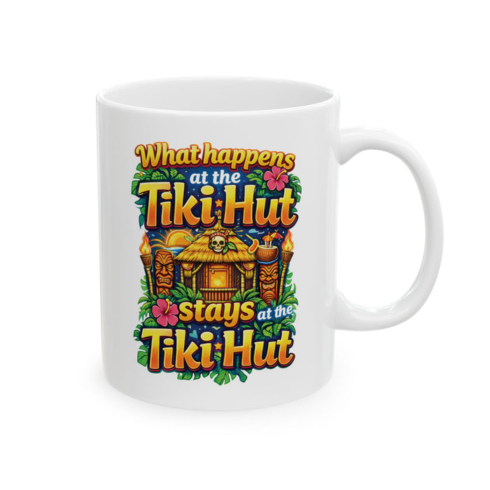 Funny Tiki Hut Coffee Mug What Happens at the Tiki Hut Stays Tropical Beach Bar