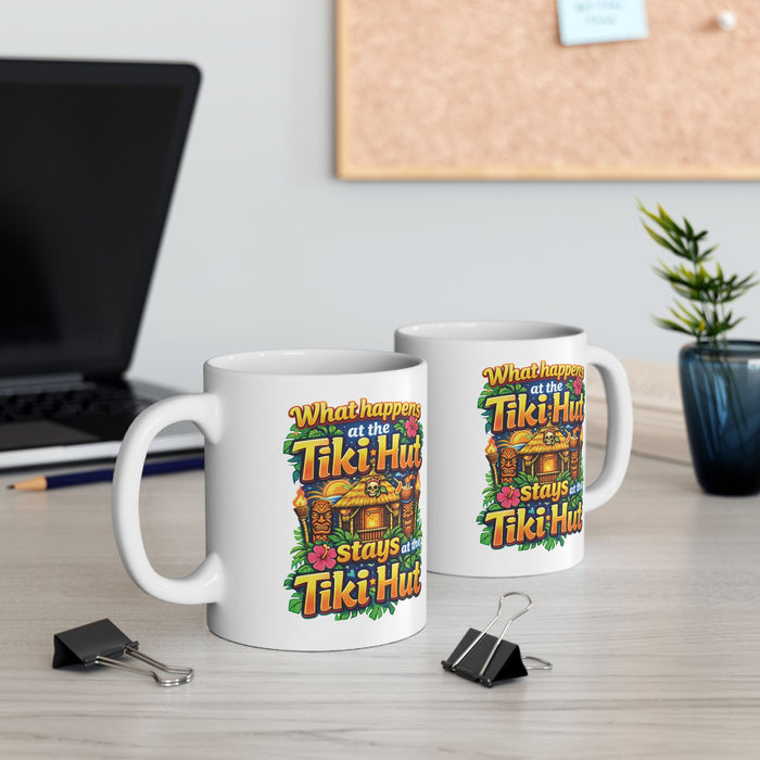 Funny Tiki Hut Coffee Mug What Happens at the Tiki Hut Stays Tropical Beach Bar