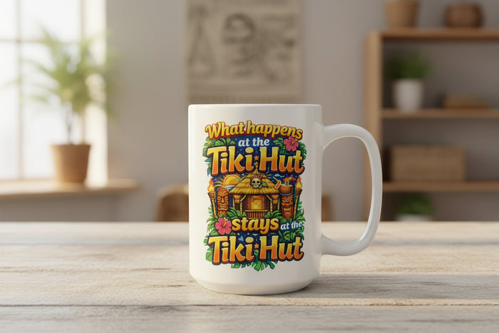 Funny Tiki Hut Coffee Mug What Happens at the Tiki Hut Stays Tropical Beach Bar