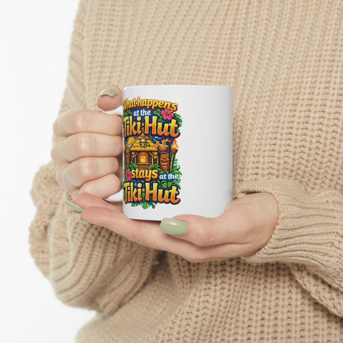 Funny Tiki Hut Coffee Mug What Happens at the Tiki Hut Stays Tropical Beach Bar