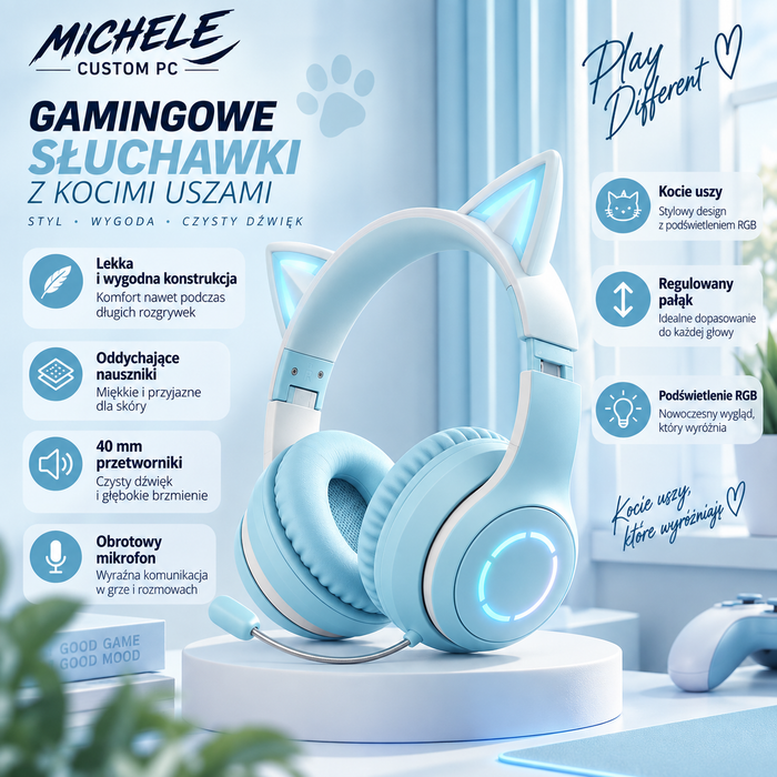 Gamingowe słuchawki Bluetooth z kocimi uszami i podświetleniem RGB 🎧🐱