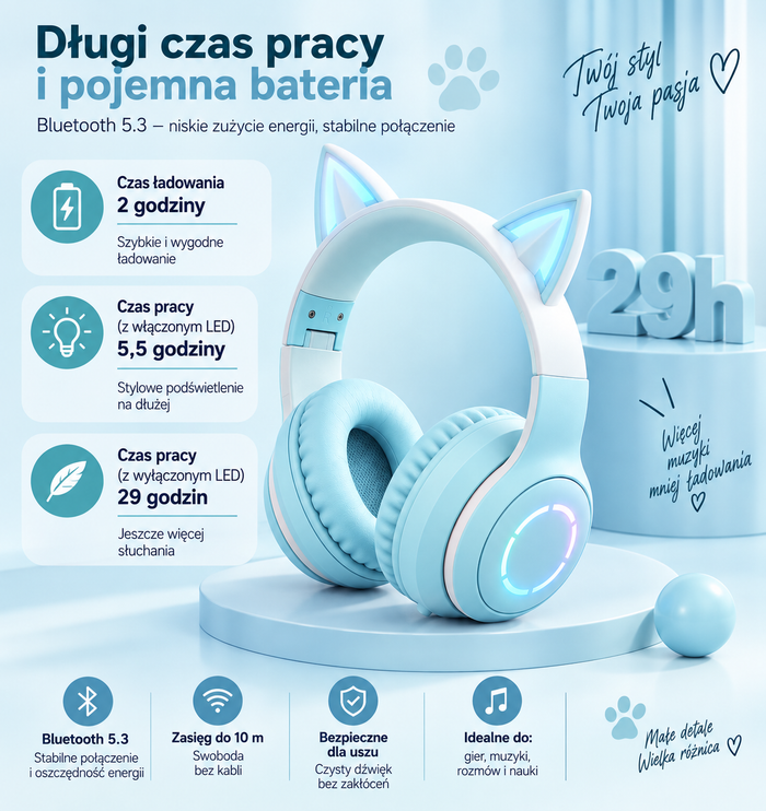Gamingowe słuchawki Bluetooth z kocimi uszami i podświetleniem RGB 🎧🐱