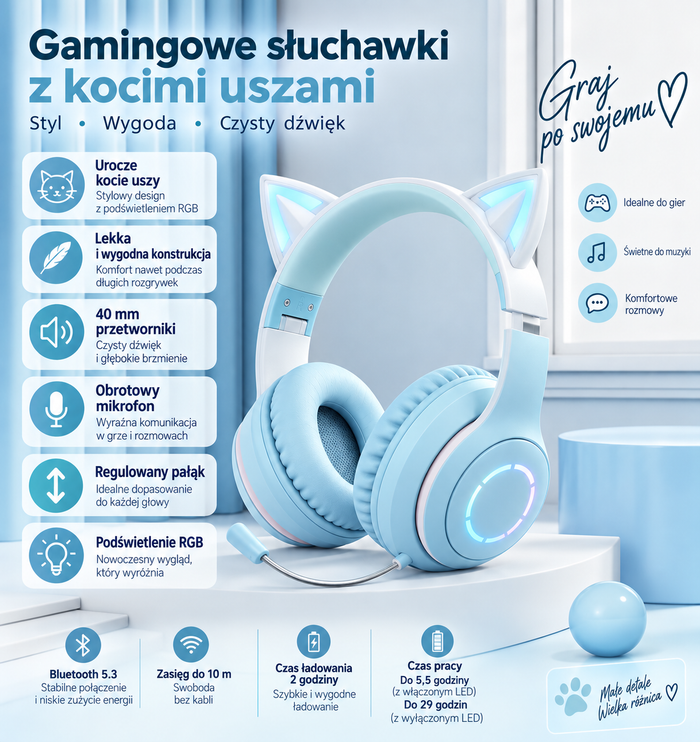 Gamingowe słuchawki Bluetooth z kocimi uszami i podświetleniem RGB 🎧🐱