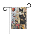Decorative garden flag with a black and white cat design on a collage background, attached to a flagpole.
