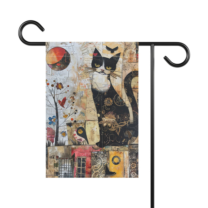 Garden flag with a black and white cat design on a white background