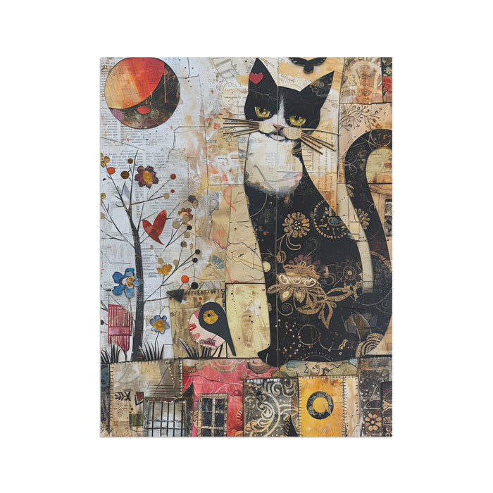 Collage-style artwork featuring a black and white cat with abstract elements on a white background