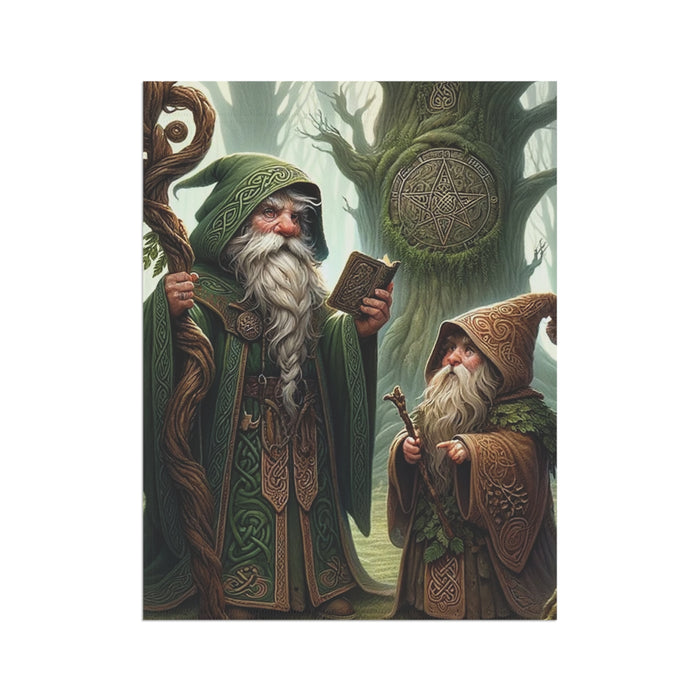 Two wizards in green and brown robes standing in a forest with a large tree and pentacle symbol in the background.